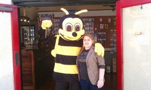 Busy Bees Locks Keys store with mascot and employee
