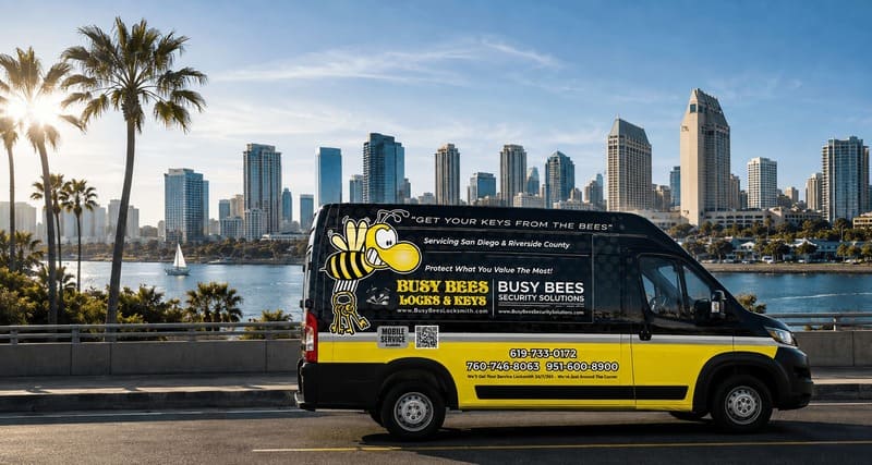 Busy Bees mobile locksmith van providing locksmith service in San Diego and Riverside Counties